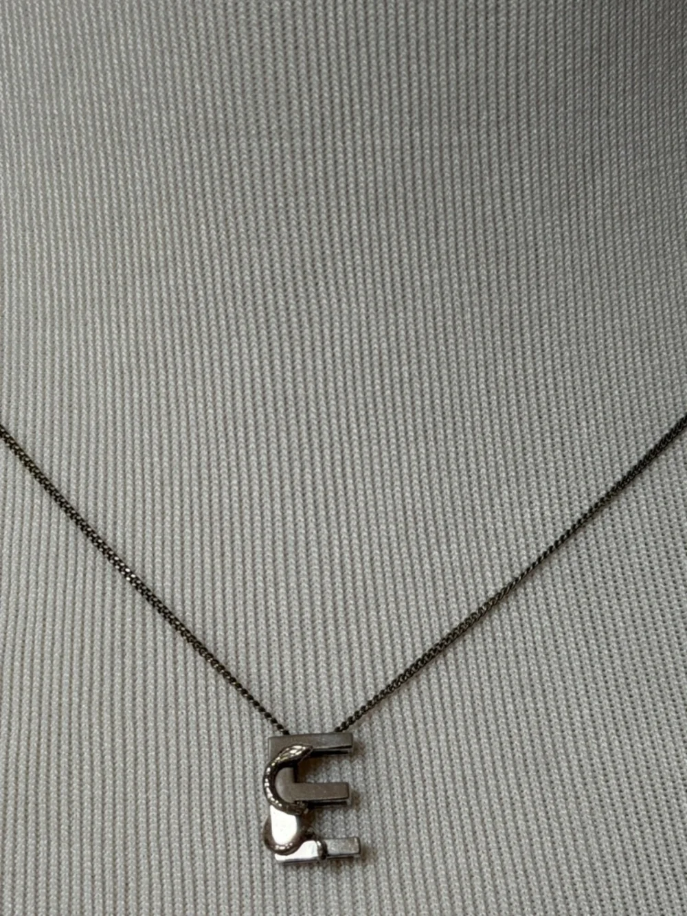 Saint Laurent YSL Sterling Silver E Initial Letter Snake Pendant Chain Necklace